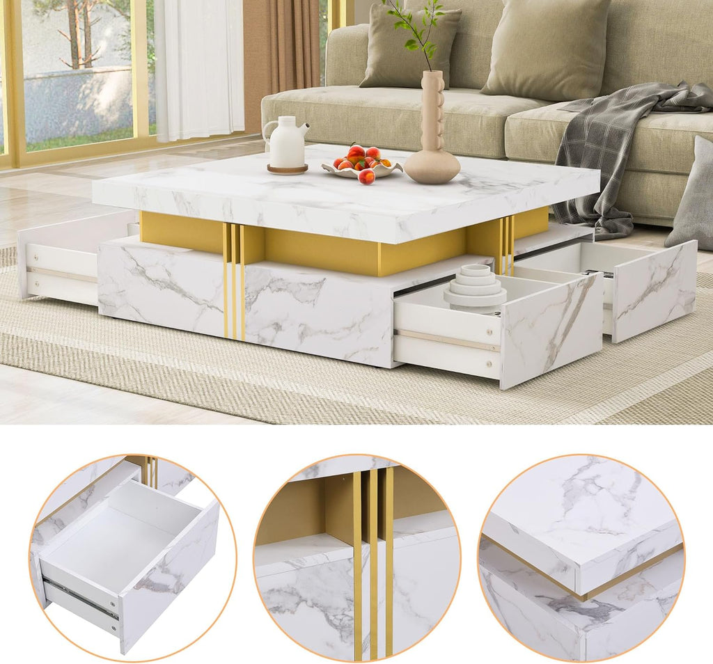 Modern White Square Storage Coffee Table with 4 Drawers