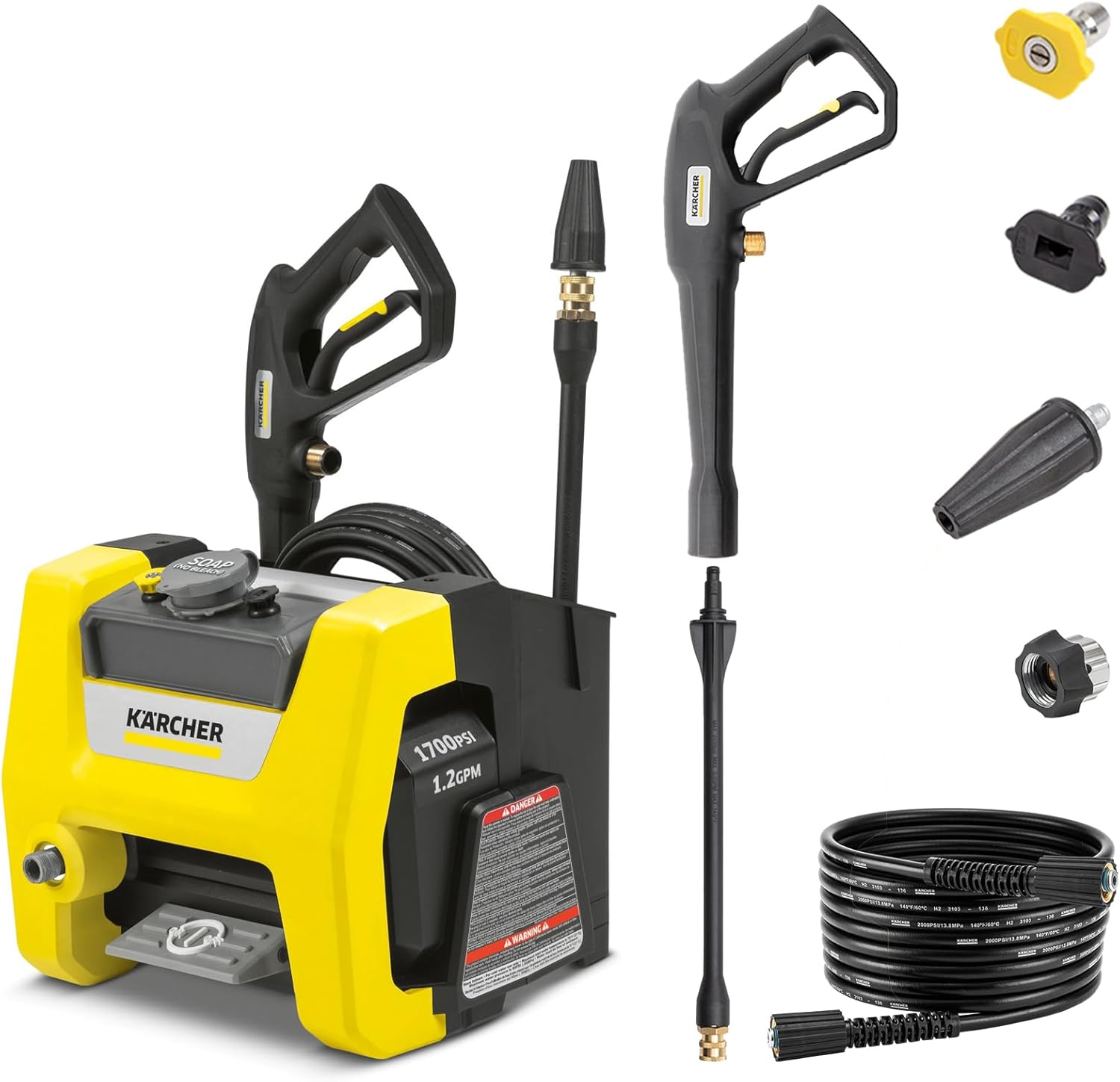 Electric Karcher Pressure Washer K1700, Max 2125 PSI, 3 Spray Nozzles, Detergent Tank, For Cars, Driveways, Siding, Patios, 1.46 max. GPM