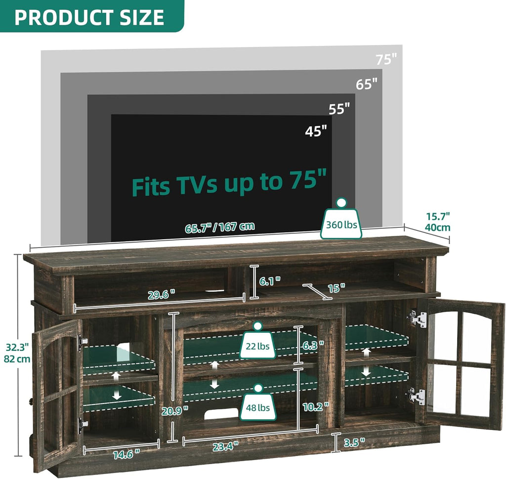 LED Farmhouse TV Stand for TV up to 75" w/Outlets, Highboy Media Entertainment Center Console Table Adjustable Storage Shelves &Cabinet Glass Door for 400lbs for Living Room