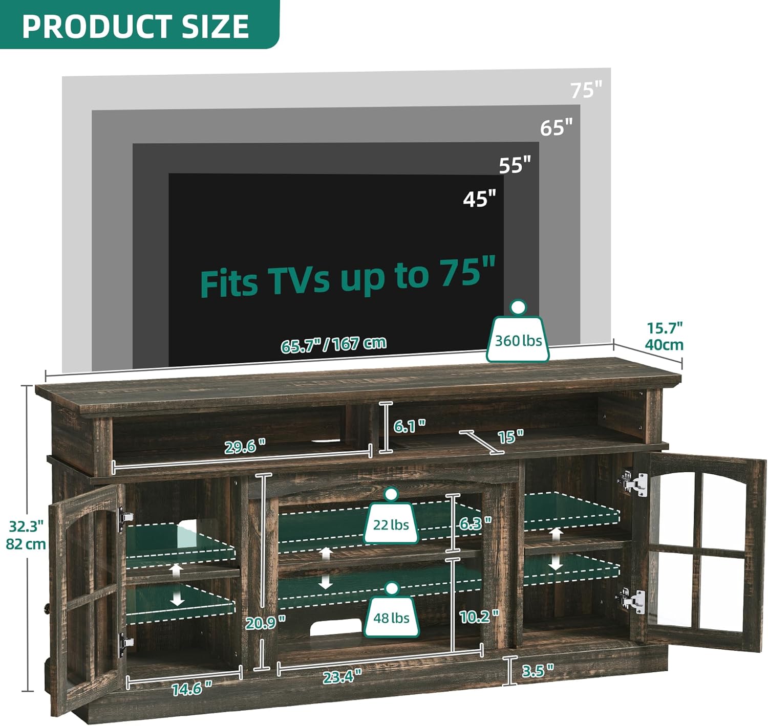 LED Farmhouse TV Stand for TV up to 75" w/Outlets, Highboy Media Entertainment Center Console Table Adjustable Storage Shelves &Cabinet Glass Door for 400lbs for Living Room