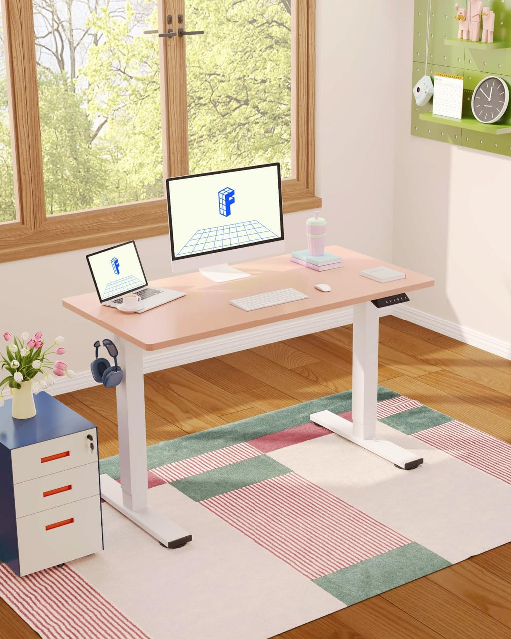 FLEXISPOT EN1 One-Piece Standing Desk 55 x 28 Inch Electric Adjustable Height Desk for Home Office and Computer Workstation (White Frame + 55" Maple Top, 2 Packages)