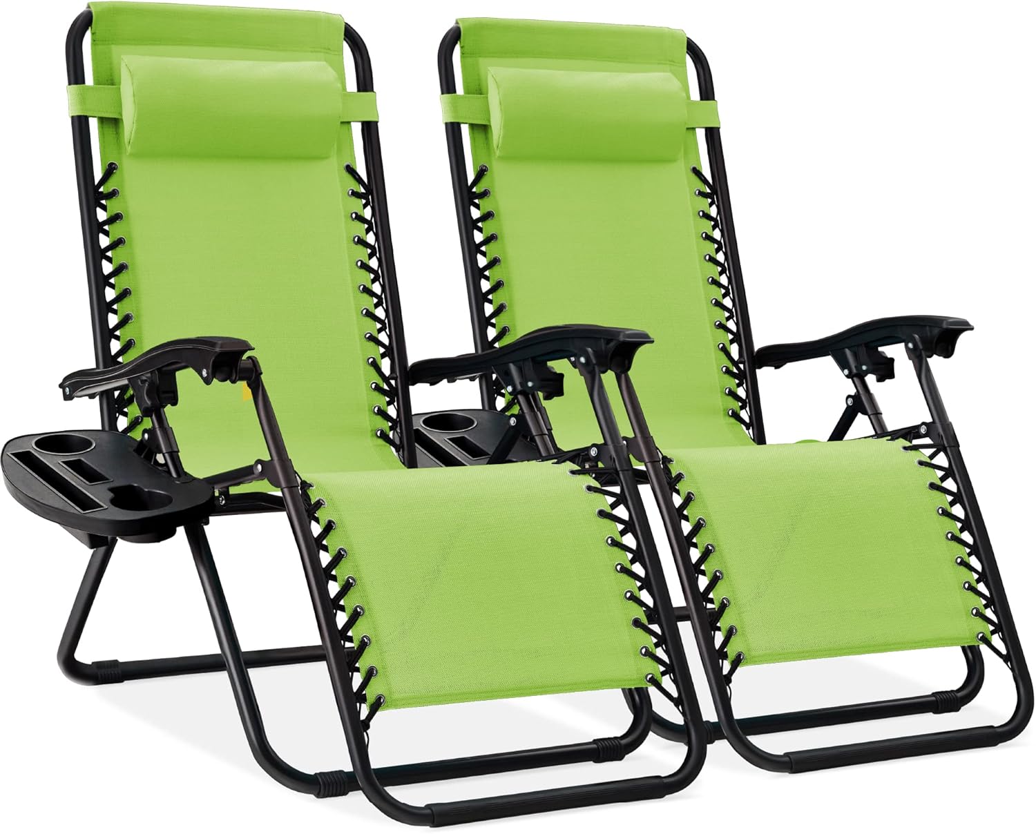 Best Choice Products Set of 2 Adjustable Steel Mesh Zero Gravity Lounge Chair Recliners w/Pillows and Cup Holder Trays - Beige