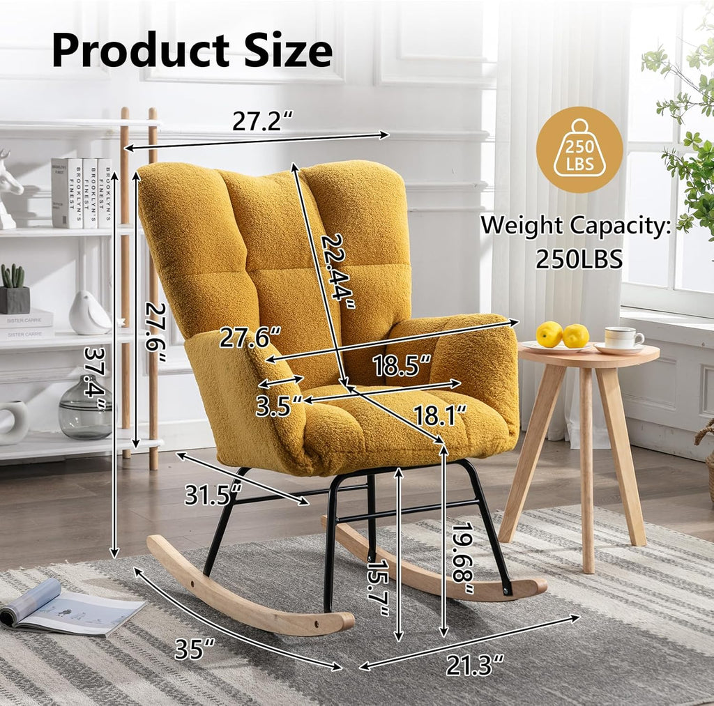 NIOIIKIT Nursery Rocking Chair Teddy Upholstered Glider Rocker Rocking Accent Chair Padded Seat with High Backrest Armchair Comfy Side Chair for Living Room Bedroom Offices (Ivory Teddy)