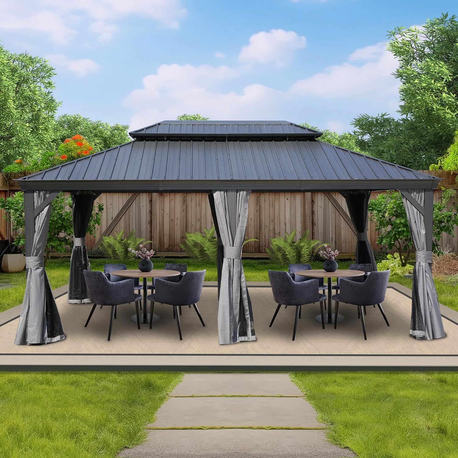 Kozyard Alexander 10' X 12' Hardtop, Aluminum Metal Gazebo with Galvanized Steel Double Roof Canopy, Curtain and Netting, Permanent Pavilion for Patio, Backyard, Deck, Lawn (Gray)