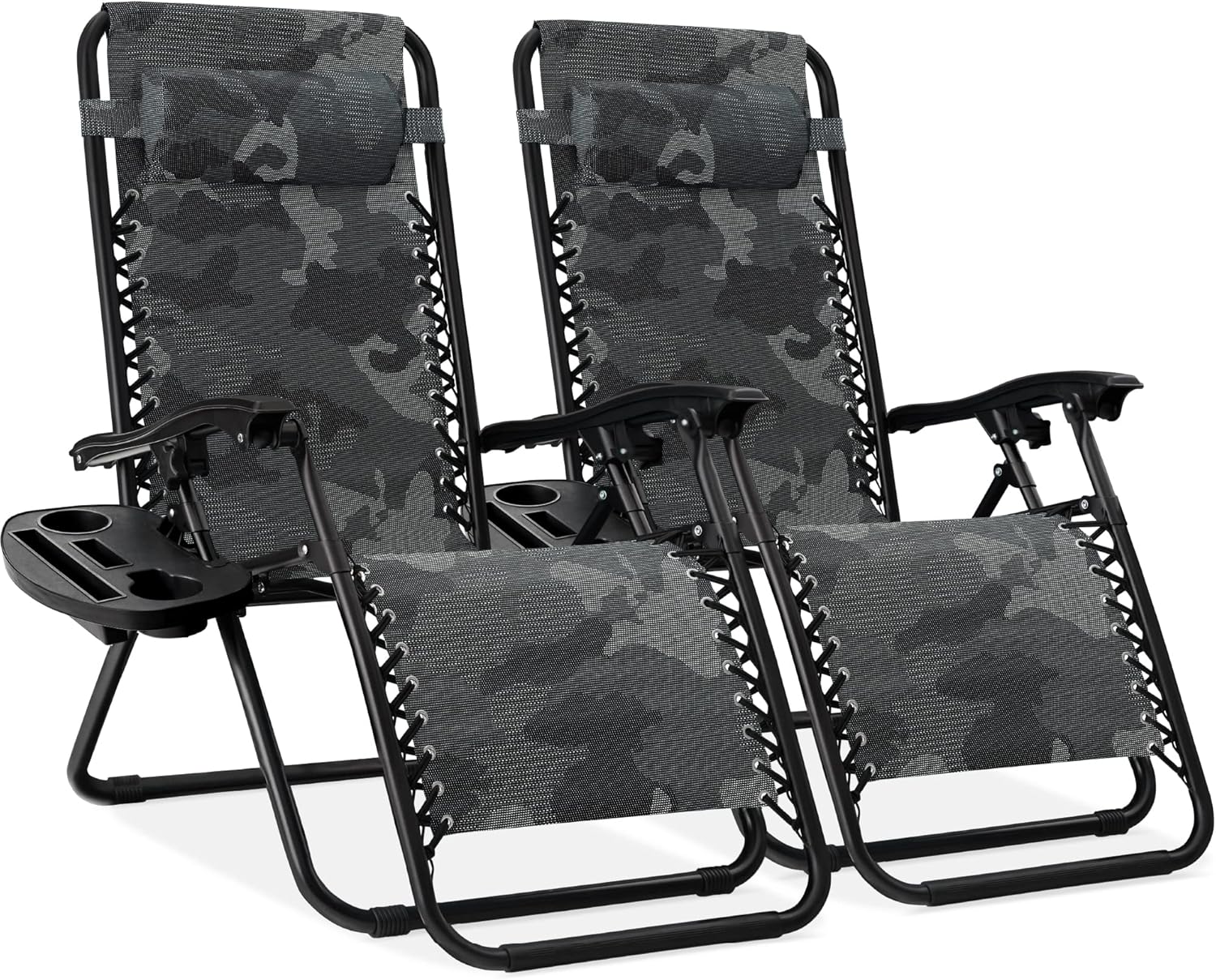 Best Choice Products Set of 2 Adjustable Steel Mesh Zero Gravity Lounge Chair Recliners w/Pillows and Cup Holder Trays - Beige