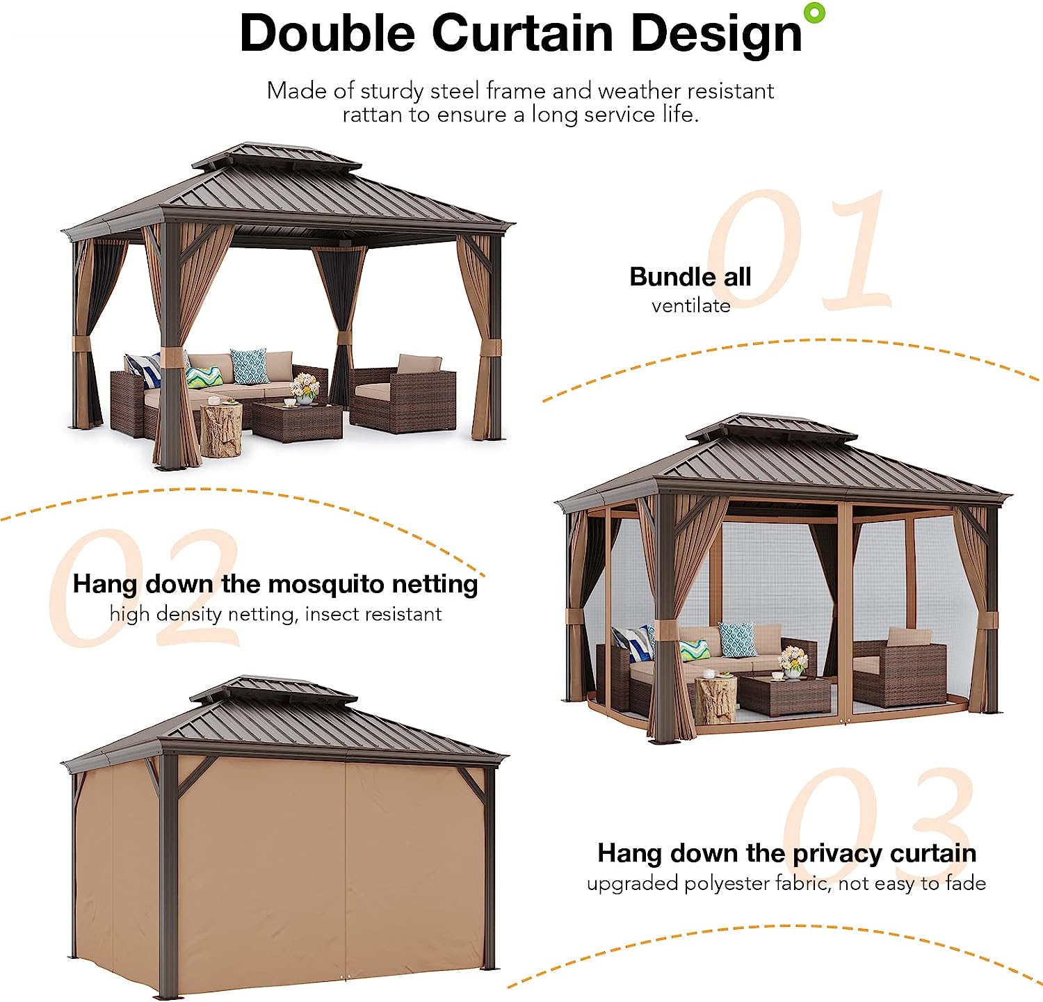 💖Clearance sale✨10’ft x 12’ft Hardtop Gazebo, With Privacy Curtain And Mosquito Net（brown）（Grey）