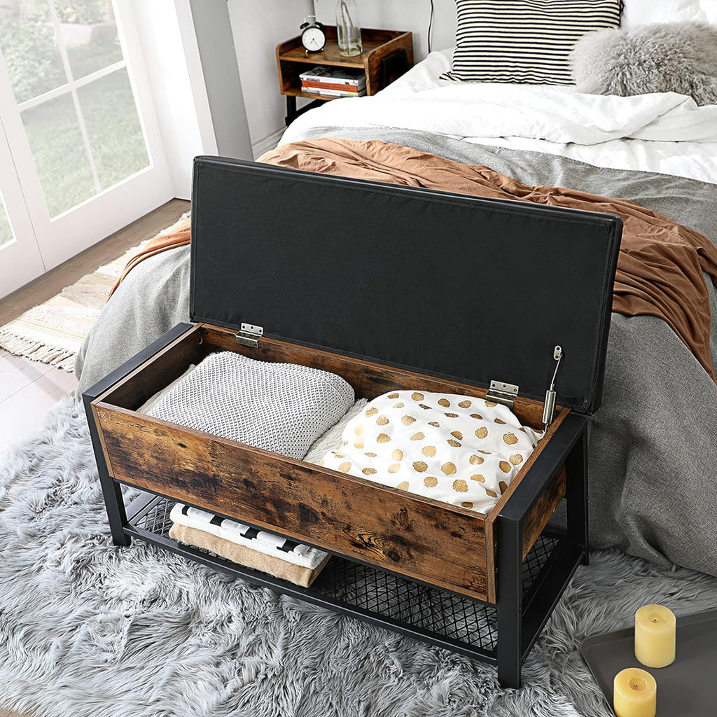 VASAGLE Shoe Bench, Storage Bench with Cupboard and 9 Open Compartments, Shoe Shelf, Padded Seat, Barn Door, 11.8 x 43.3 x 18.9 Inches, Rustic Brown ULHS058X01