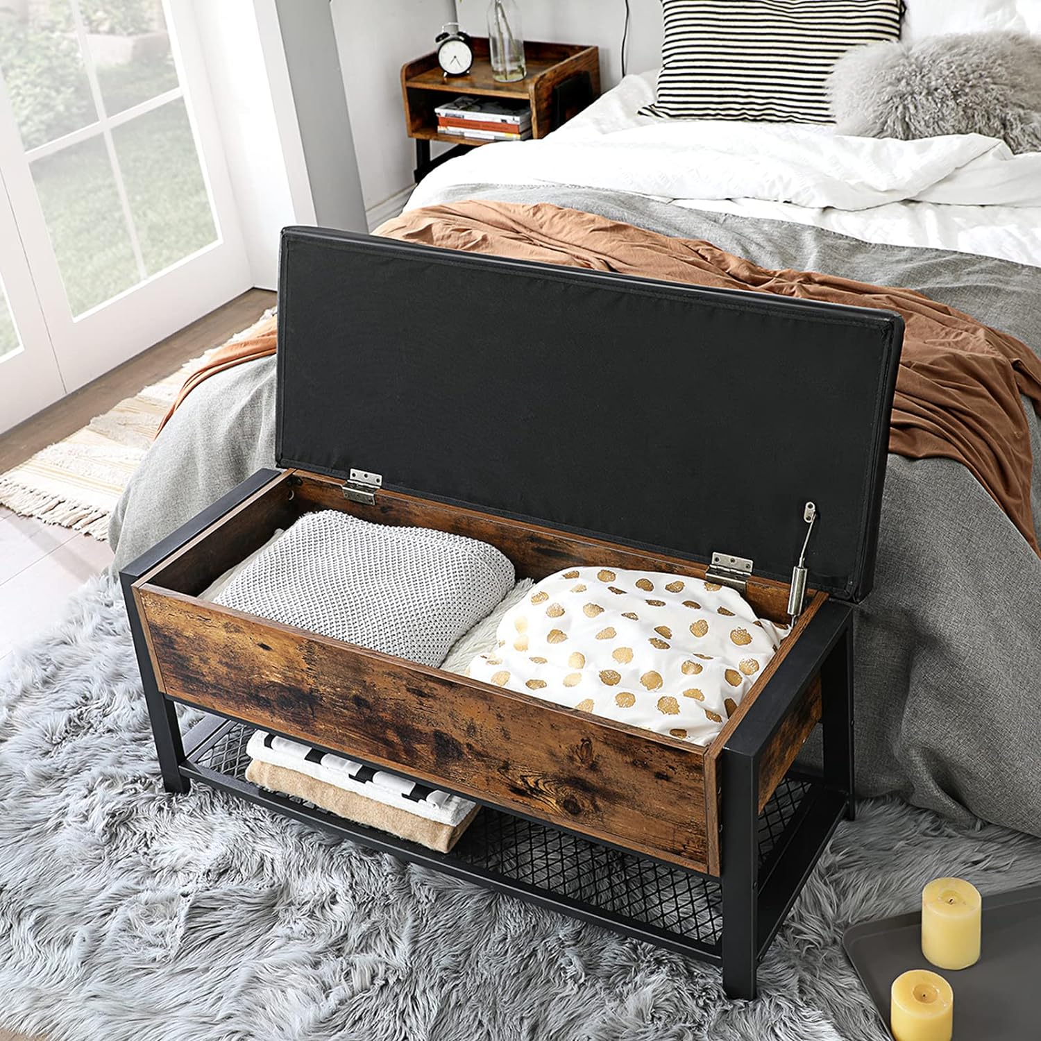VASAGLE Shoe Bench, Storage Bench with Cupboard and 9 Open Compartments, Shoe Shelf, Padded Seat, Barn Door, 11.8 x 43.3 x 18.9 Inches, Rustic Brown ULHS058X01