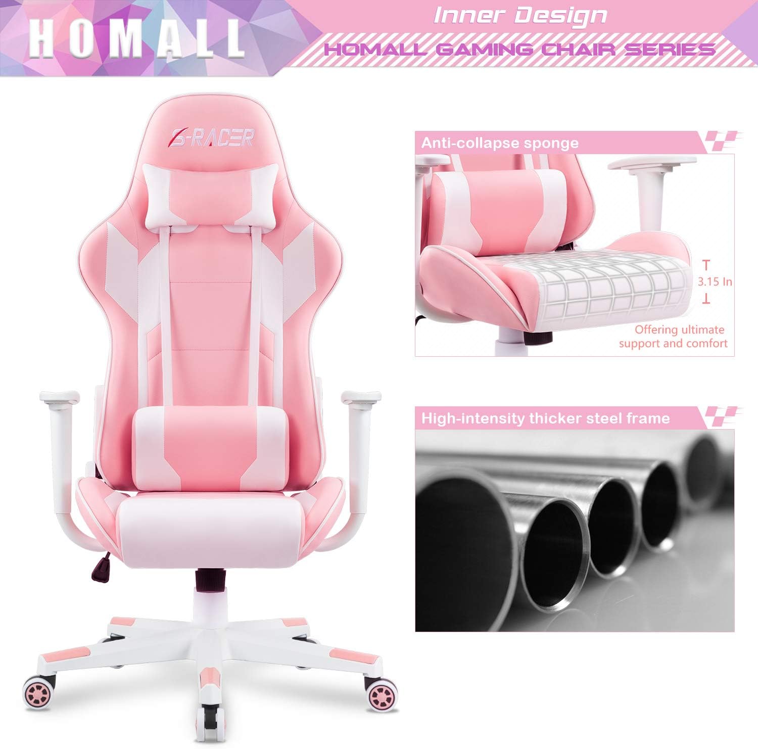 Homall Gaming Chair, Office Chair High Back Computer Chair Leather Desk Chair Racing Executive Ergonomic Adjustable Swivel Task Chair with Headrest and Lumbar Support (Dark Black)