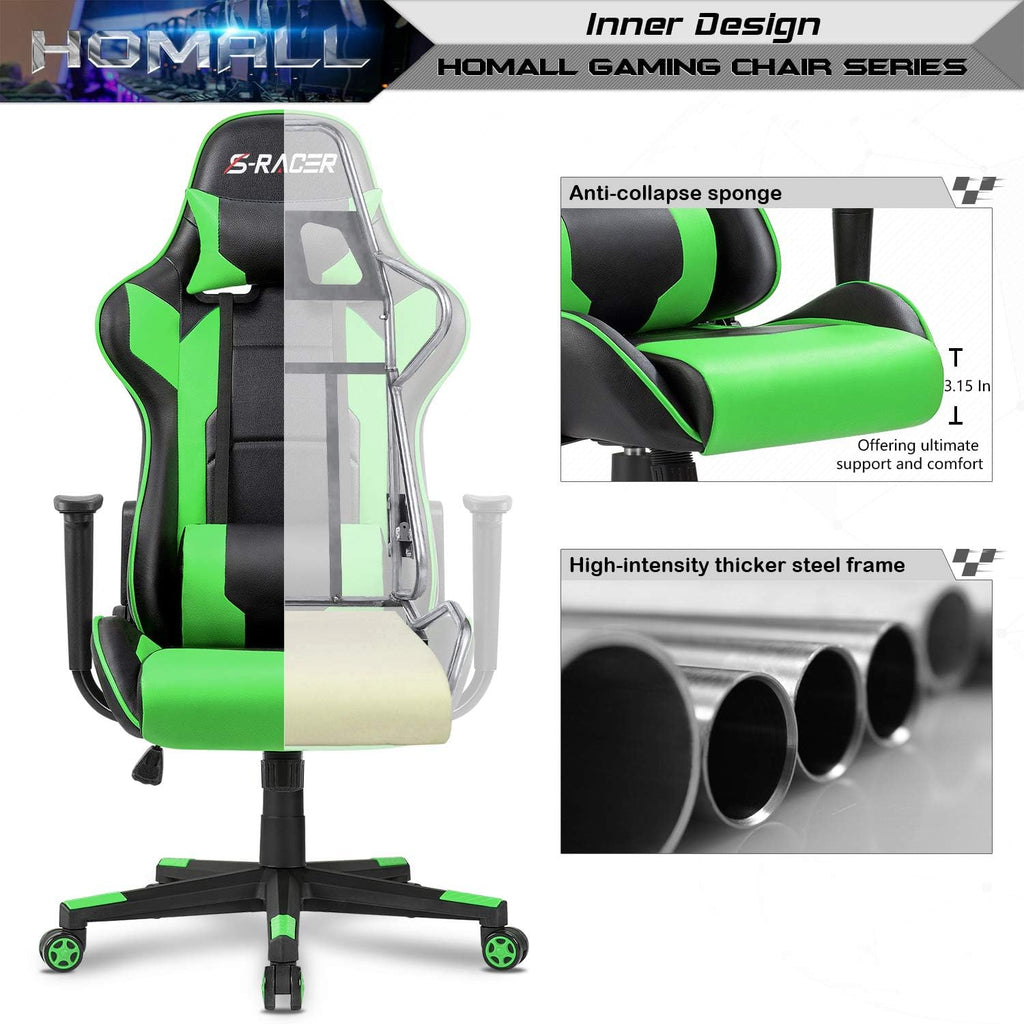 Homall Gaming Chair, Office Chair High Back Computer Chair Leather Desk Chair Racing Executive Ergonomic Adjustable Swivel Task Chair with Headrest and Lumbar Support (Dark Black)