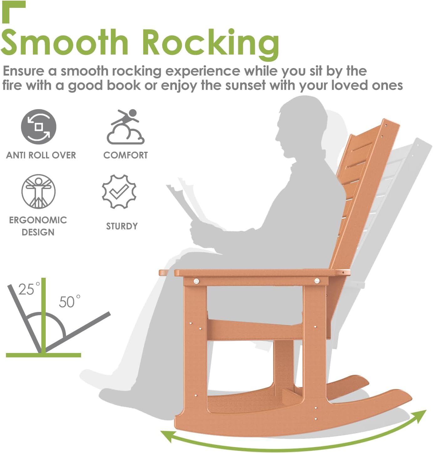 GREENVINES Outdoor Rocking Chairs | Set of 2 | Porch Rocker | HDPE Plastic | Black | Oversized Rockers | High Back | Big & Tall | Ladder Back | for Patio Outside Backyard Balcony Garden