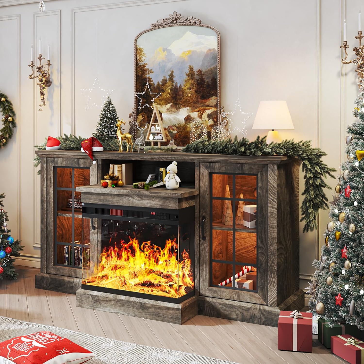 oneinmil 59'' Fireplace TV Stand, 3 Sided Glass Media Entertainment Center Console Table for TVs up to 65'' with Glass Door Adjustable Flame LED Color for Living Room, Set of TV Table, White