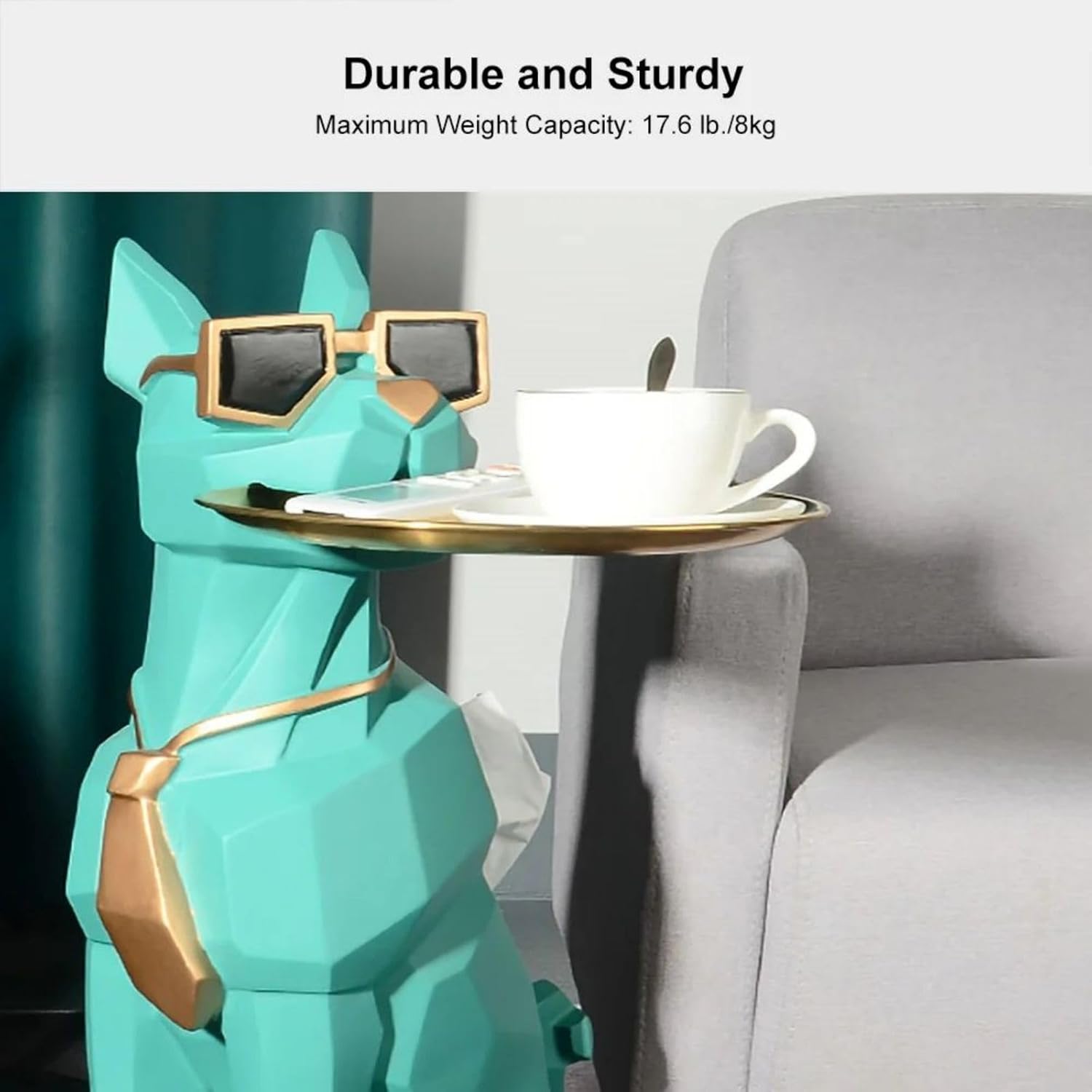homary Modern Resin Dog Sculpture Geometric Standing Statue Cute End Side Table with Metal Storage Tray Tissue Box (White)