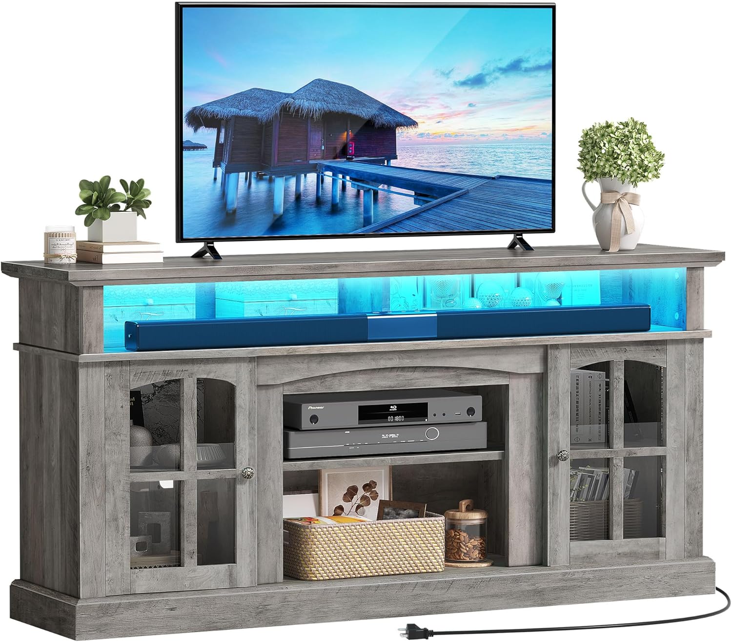 LED Farmhouse TV Stand for TV up to 75" w/Outlets, Highboy Media Entertainment Center Console Table Adjustable Storage Shelves &Cabinet Glass Door for 400lbs for Living Room