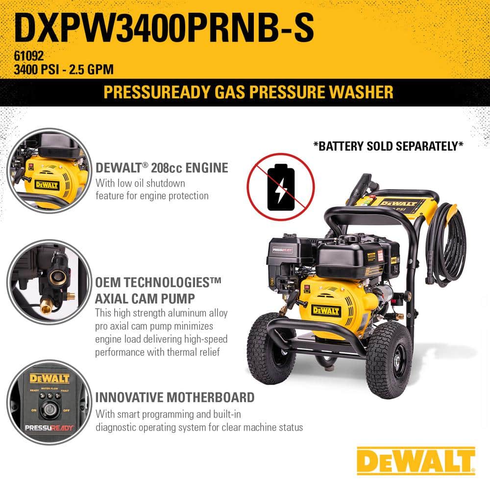 DeWalt DXPW3400PRNB-S PressuReady 3400 PSI Gas Pressure Washer with Quick Start Technology, 2.5 GPM Axial Cam Pump, 208cc Engine, Cold Water, Includes 25-Ft Hose, Nozzles, Spray Gun & Wand, 49-State