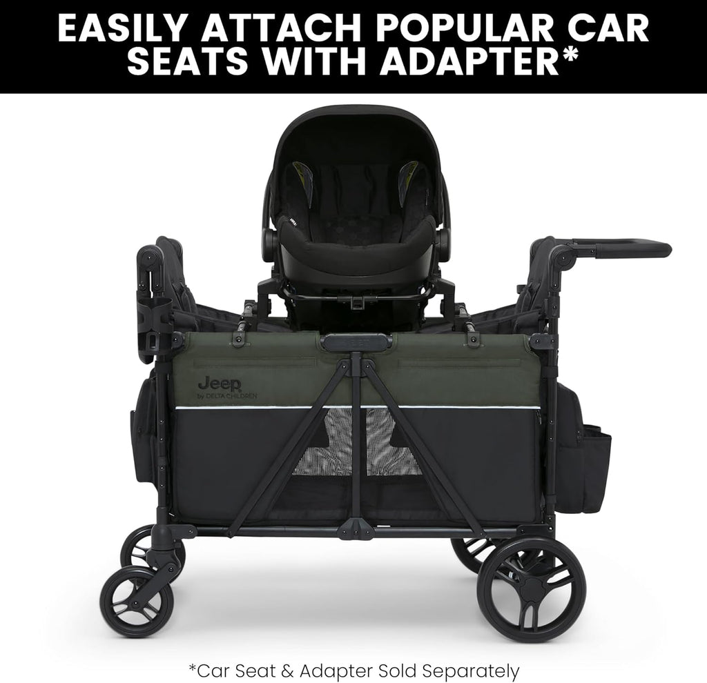 Delta Children - Jeep Wrangler Deluxe 4 Seater Stroller Wagon - Premium Quad Stroller Wagon for 4 Kids with Convertible Seats, Adjustable Push/Pull Handles, Removable Canopy & Flat Fold, Black/Green