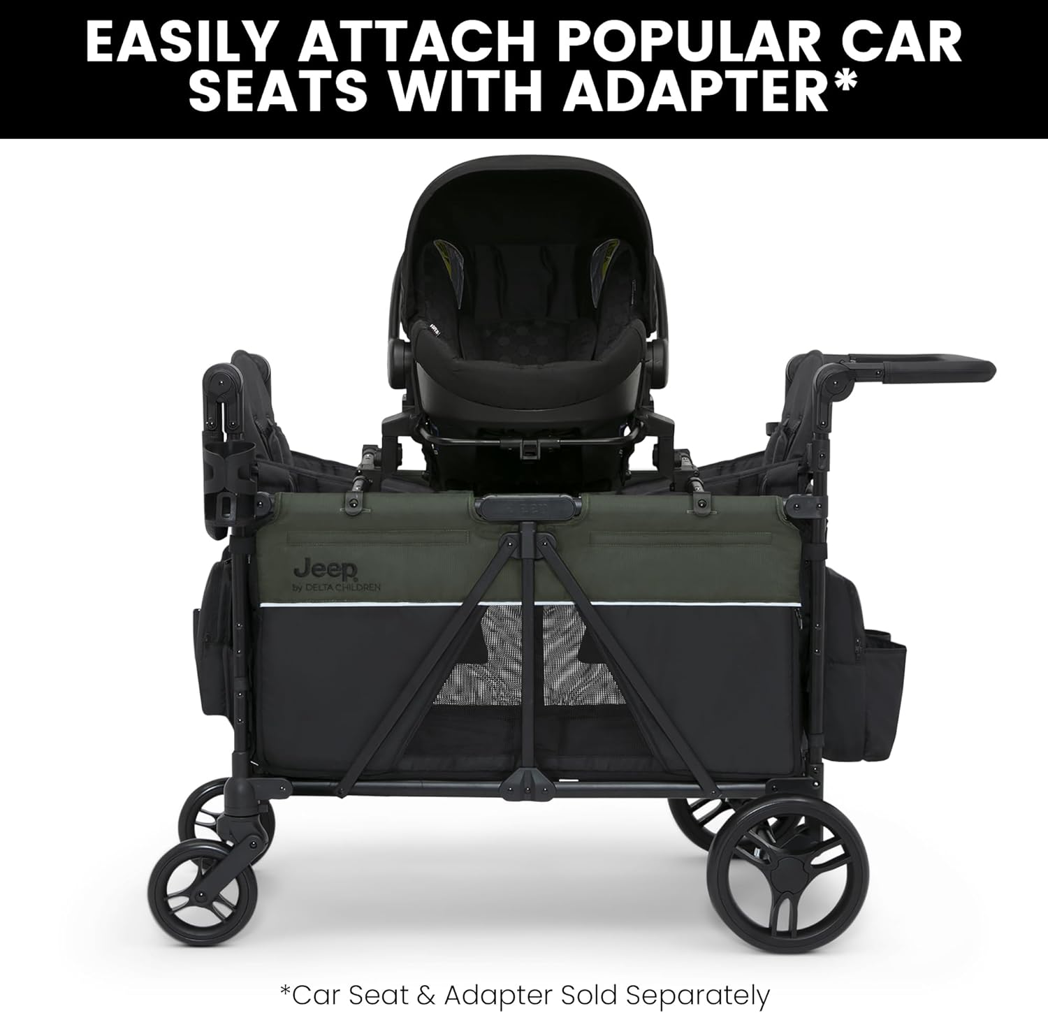 Delta Children - Jeep Wrangler Deluxe 4 Seater Stroller Wagon - Premium Quad Stroller Wagon for 4 Kids with Convertible Seats, Adjustable Push/Pull Handles, Removable Canopy & Flat Fold, Black/Green
