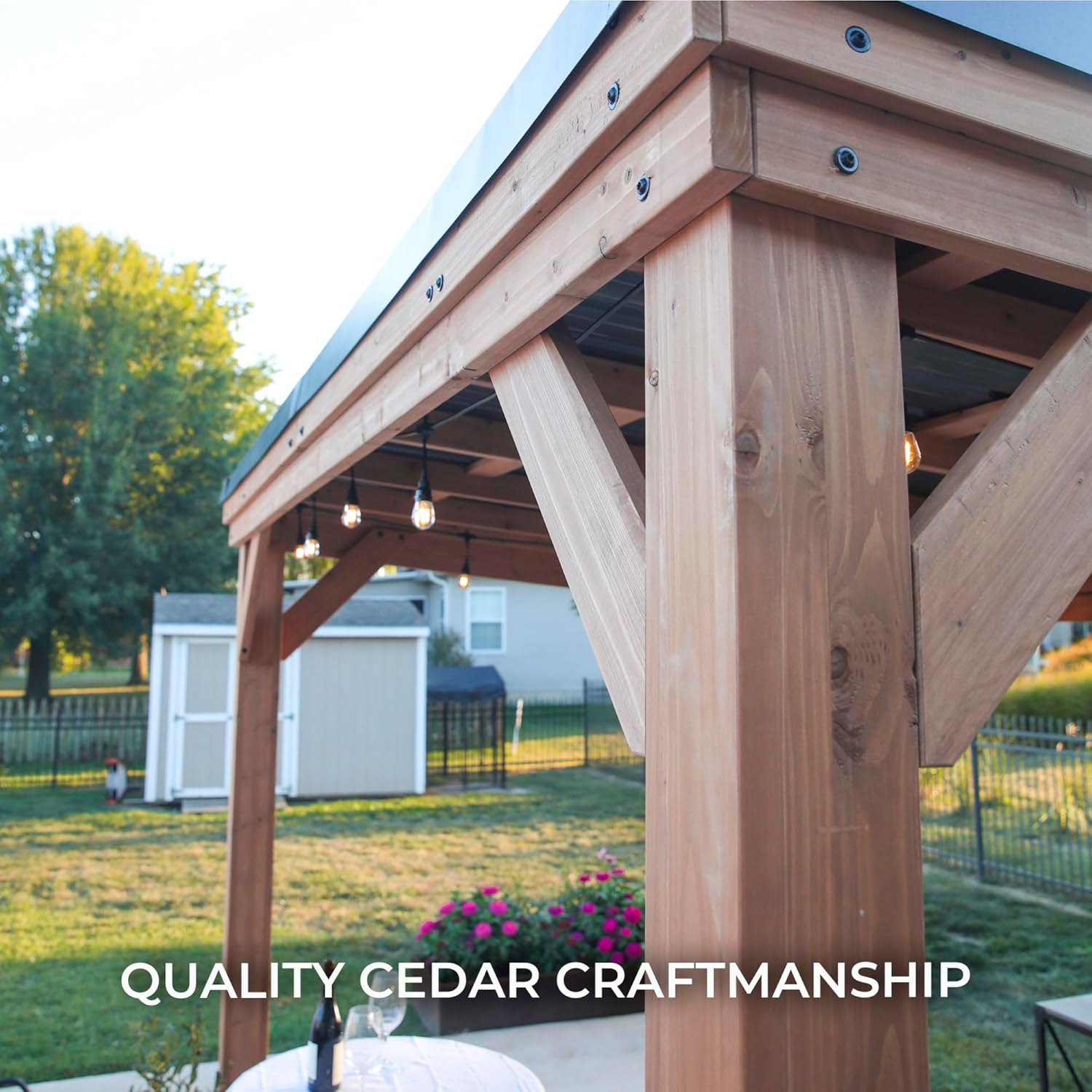 Backyard Discovery Saxony XL 12' x 6' Cedar Wood BBQ Grill Gazebo Pavilion with Hardtop Galvanized Steel Roof, Bar Tops, Powerport, Snow Support, Wind Resistance, Cook Station for Outdoor Patio, Deck