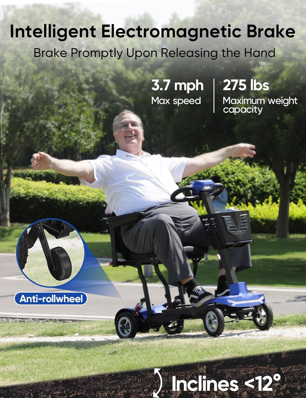 Mobility Scooter for Adults, Seniors - 37.5 lbs Ultra Lightweight Folding Mobility Scooters for Seniors Airport Approved, All Terrain 4 Wheel Motorized Scooter for Travel, 275 lbs Capacity, Blue