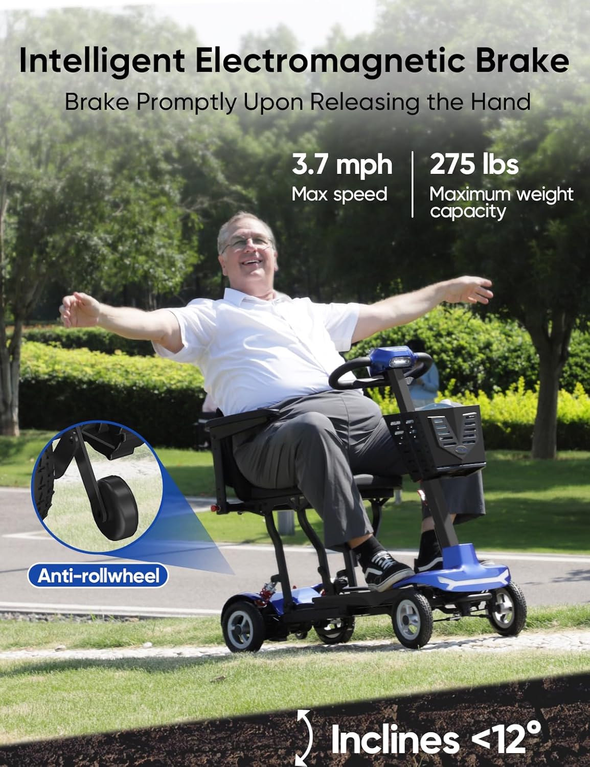Mobility Scooter for Adults, Seniors - 37.5 lbs Ultra Lightweight Folding Mobility Scooters for Seniors Airport Approved, All Terrain 4 Wheel Motorized Scooter for Travel, 275 lbs Capacity, Blue