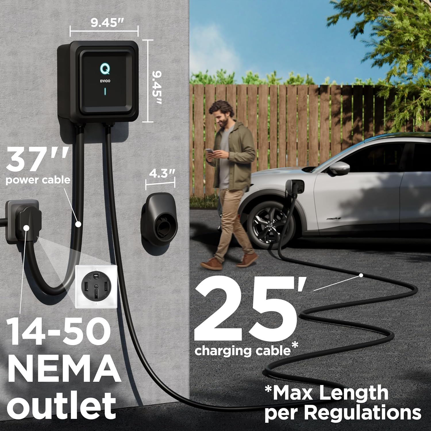 EVIQO Level 2 EV Charger 40 Amp - 9.6 kW 240V Wall EV Charger Level 2 for Home, NEMA 14-50 Plug, J1772 25' Cable, Enhanced Wi-Fi – UL, ETL Certified EVSE, Smart Car EV Charging Station – GEN 2