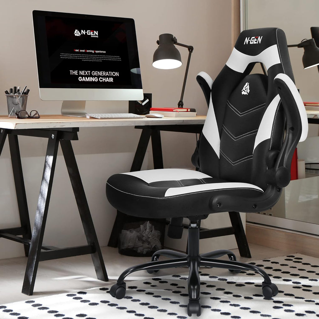 N-GEN Video Gaming Computer Chair Ergonomic Office Chair Desk Chair with Lumbar Support Flip Up Arms Adjustable Height Swivel PU Leather Executive with Wheels for Adults Women Men (Pink)