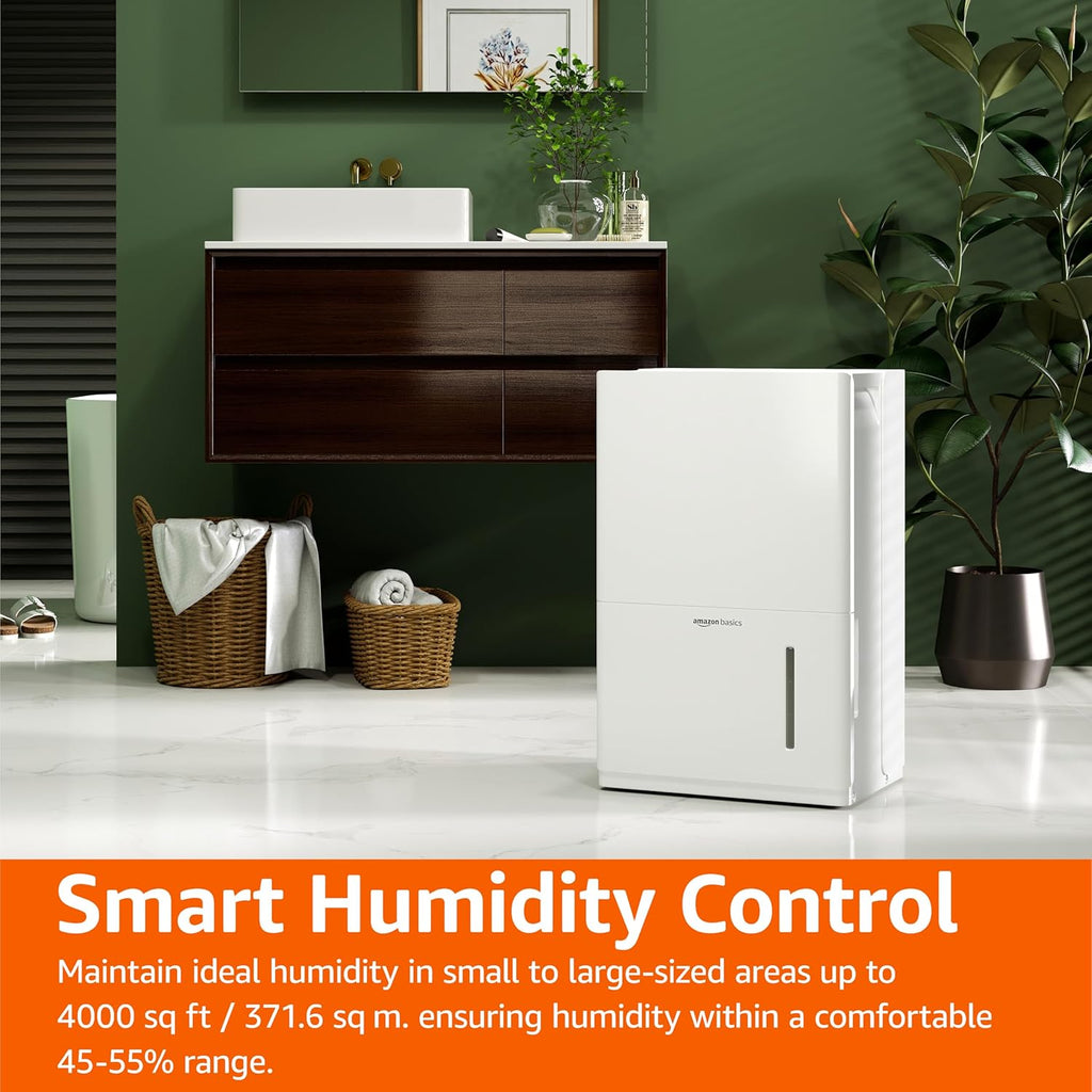 Basics Large Dehumidifier for Rooms, Energy Star Certified, Effectively Reduces Humidity, Timer, Auto-Defrost, Overflow Protection, up to 2500 SFT, 35 Pint, White