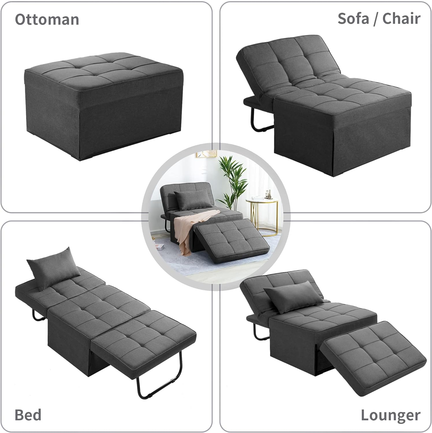 Sofa Bed, 4 in 1 Multi-Function Folding Ottoman Breathable Linen Couch Bed with Adjustable Backrest Modern Convertible Chair for Living Room Apartment Office