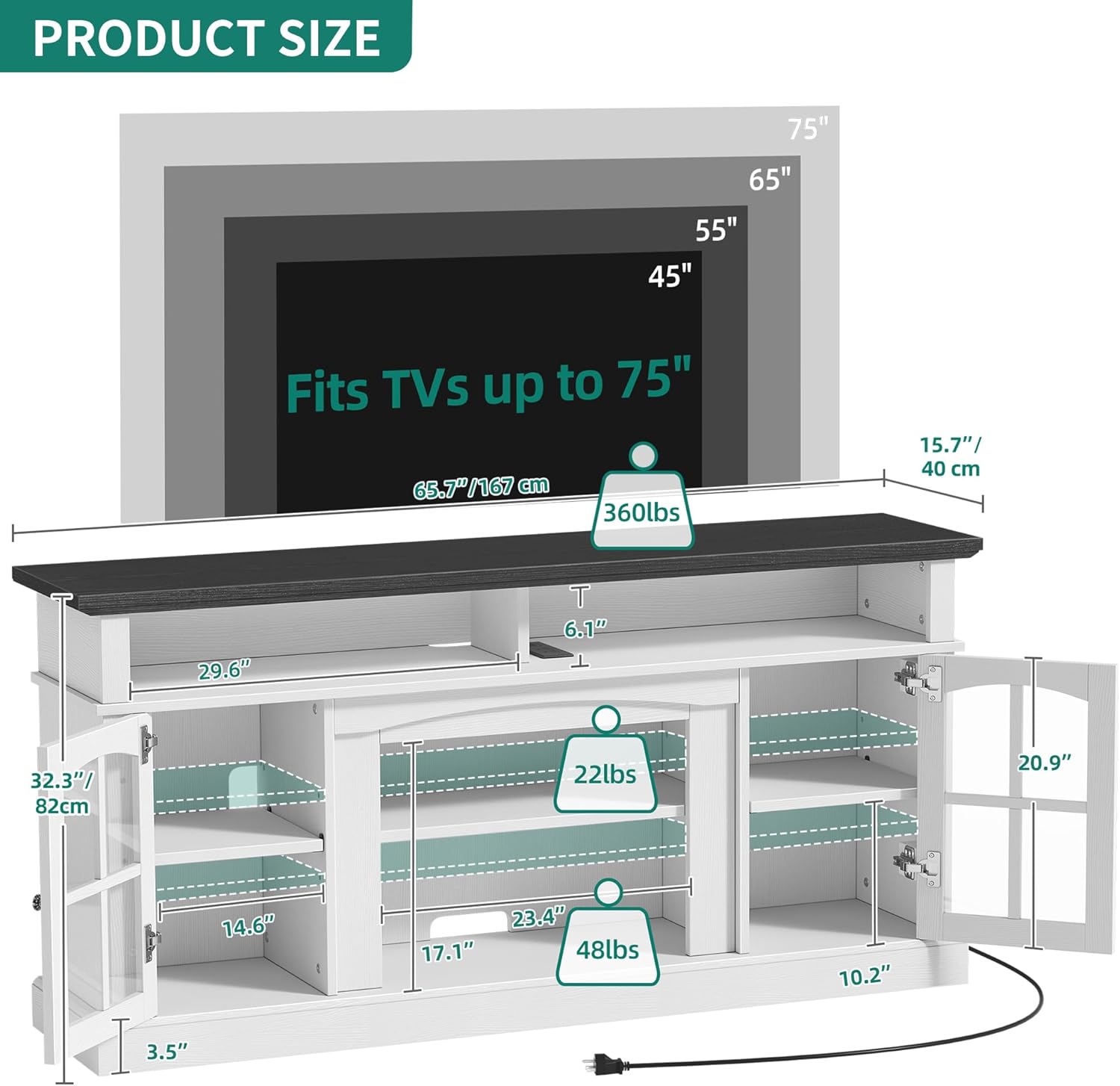 LED Farmhouse TV Stand for TV up to 75" w/Outlets, Highboy Media Entertainment Center Console Table Adjustable Storage Shelves &Cabinet Glass Door for 400lbs for Living Room