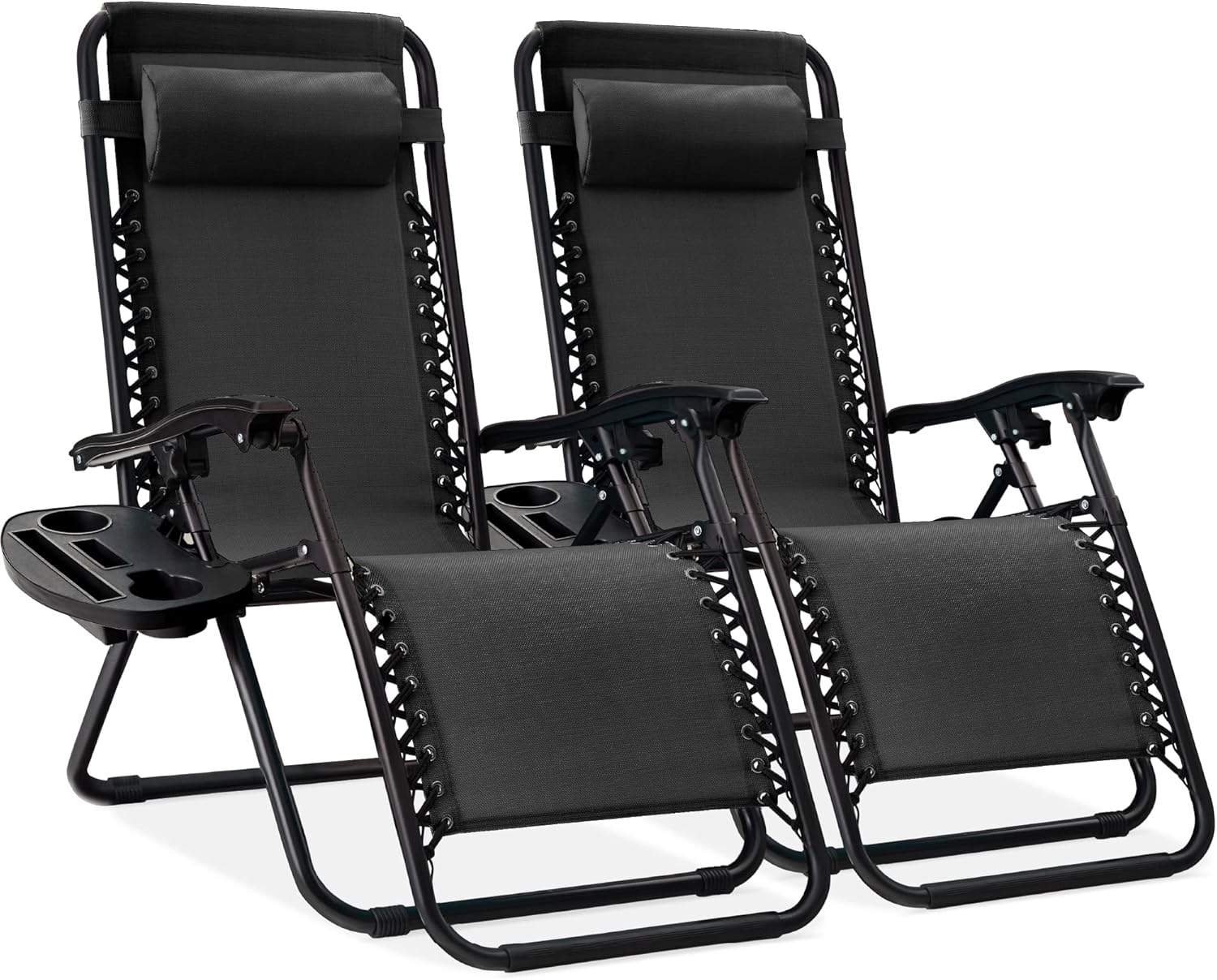 Best Choice Products Set of 2 Adjustable Steel Mesh Zero Gravity Lounge Chair Recliners w/Pillows and Cup Holder Trays - Beige