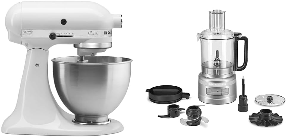 KitchenAid Classic Series 4.5 Quart Tilt-Head Stand Mixer K45SS, White & 5 Cup Food Chopper - KFC0516, Contour Silver