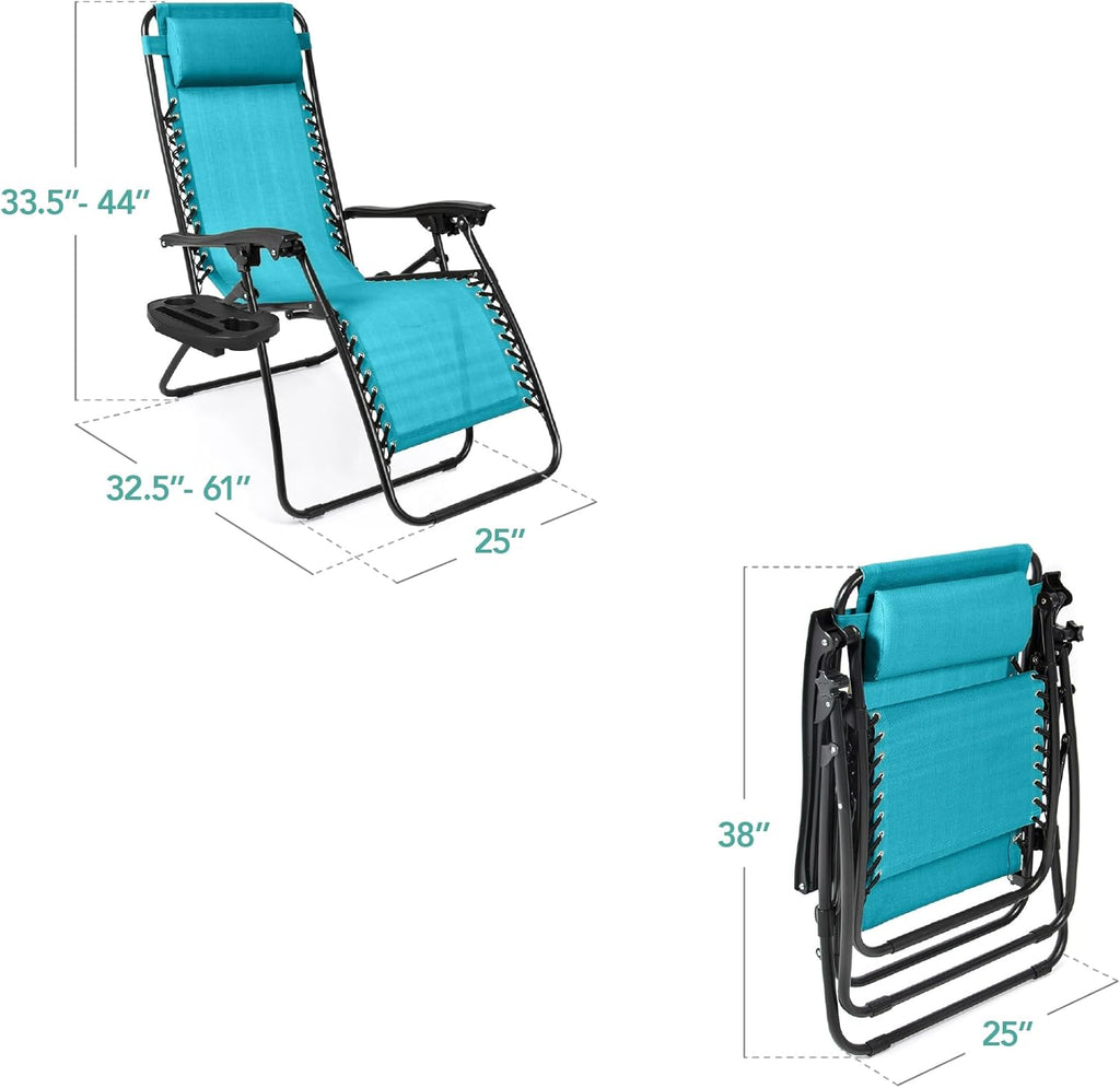 Best Choice Products Set of 2 Adjustable Steel Mesh Zero Gravity Lounge Chair Recliners w/Pillows and Cup Holder Trays - Beige