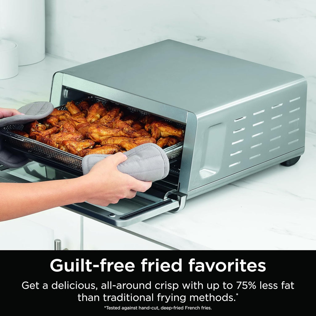 Ninja SP101 Digital Air Fry Countertop Oven with 8-in-1 Functionality, Flip Up & Away Capability for Storage Space, with Air Fry Basket, Wire Rack & Crumb Tray, Silver