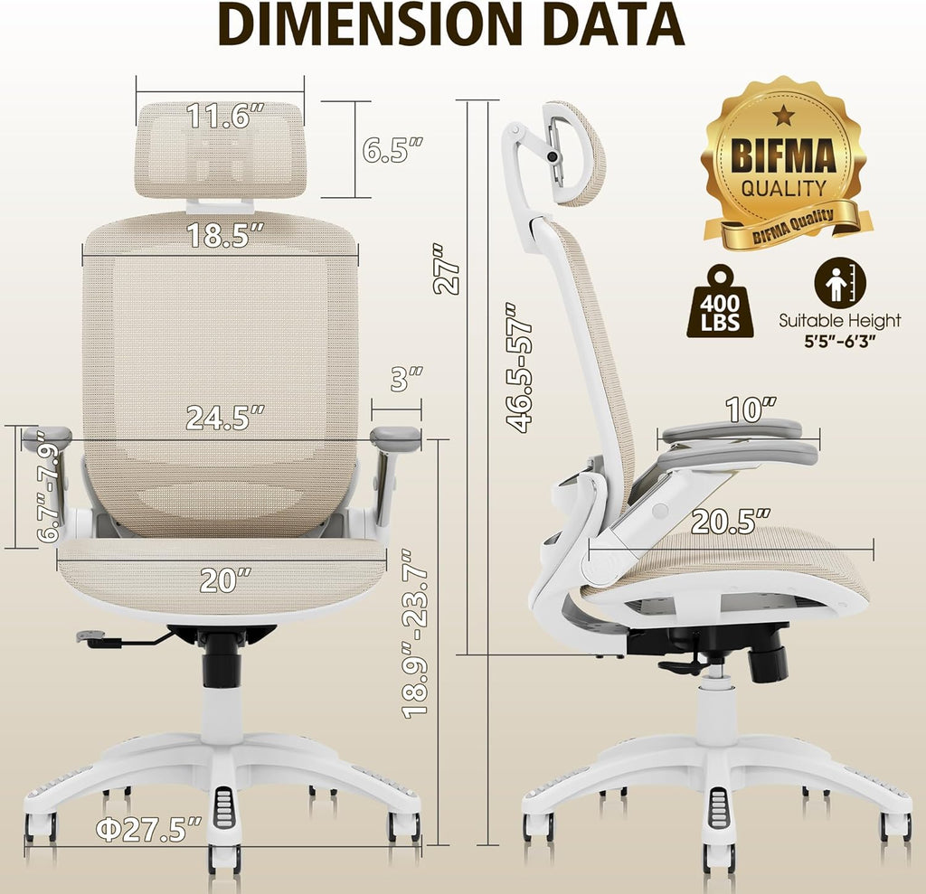 GABRYLLY Ergonomic Office Chair, High Back Home Desk Chair with Headrest, Flip-Up Arms, 90-120° Tilt Lock and Wide Cushion, Big and Tall Mesh Chairs for Man Woman, Grey Task Chair