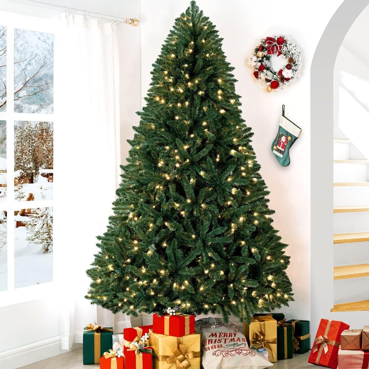 Naomi Home 6.5ft Rustic Christmas Tree with Lights, Realistic Classic Prelit with 2595 Branch Tips, 600 Warm Lights and Metal Stand, Aritificial Tree