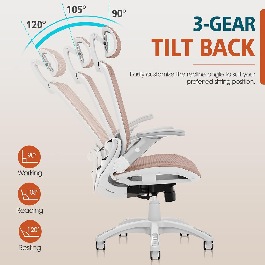 GABRYLLY Ergonomic Office Chair, High Back Home Desk Chair with Headrest, Flip-Up Arms, 90-120° Tilt Lock and Wide Cushion, Big and Tall Mesh Chairs for Man Woman, Grey Task Chair