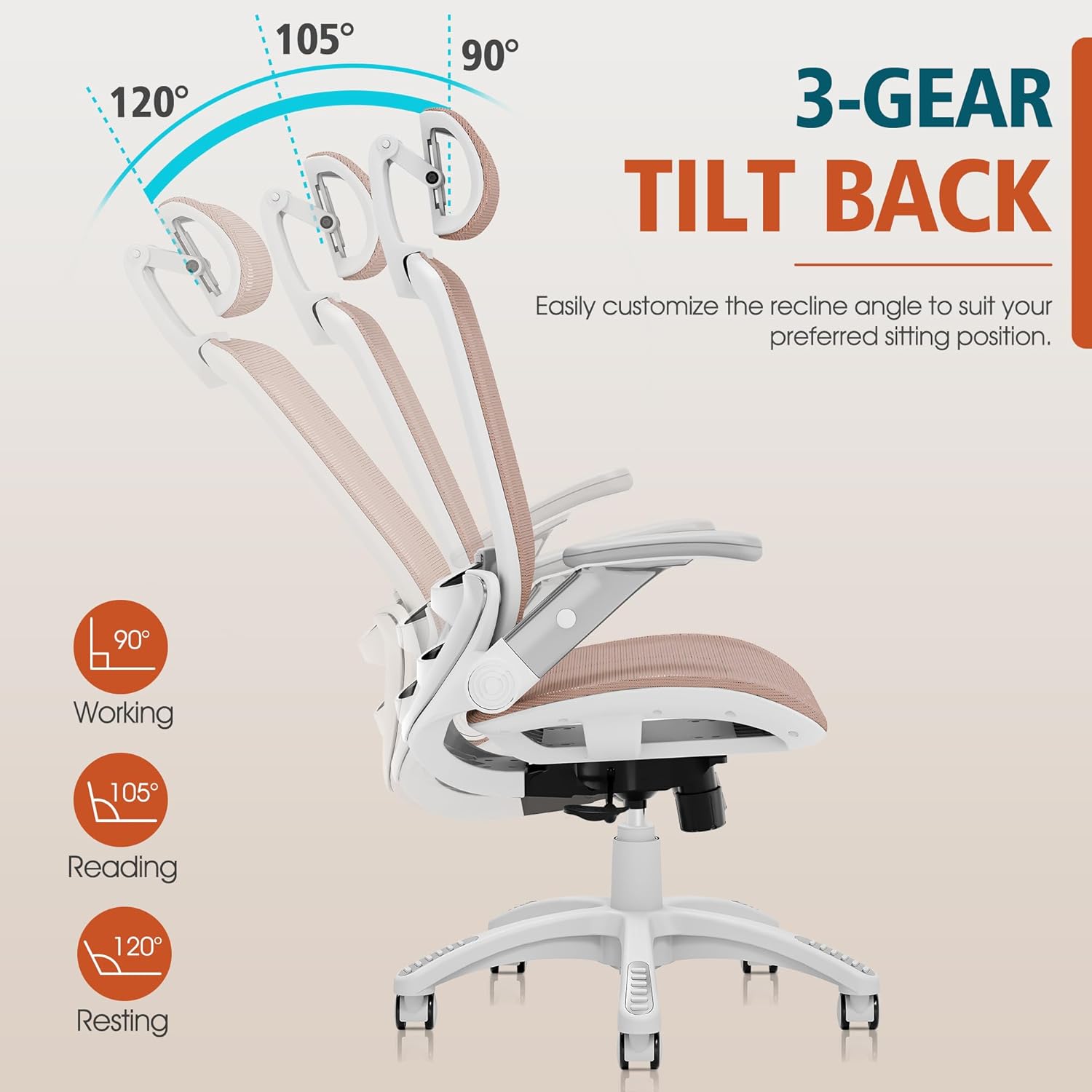 GABRYLLY Ergonomic Office Chair, High Back Home Desk Chair with Headrest, Flip-Up Arms, 90-120° Tilt Lock and Wide Cushion, Big and Tall Mesh Chairs for Man Woman, Grey Task Chair