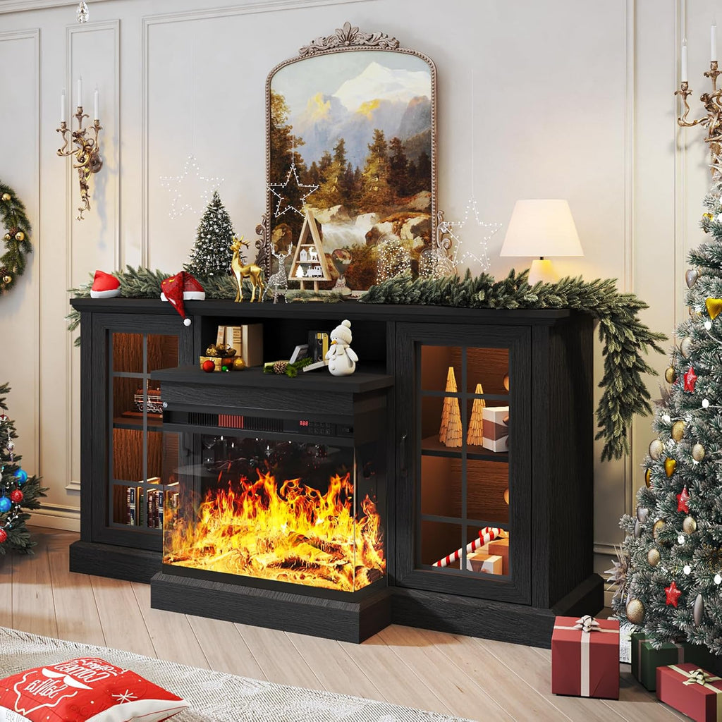 oneinmil 59'' Fireplace TV Stand, 3 Sided Glass Media Entertainment Center Console Table for TVs up to 65'' with Glass Door Adjustable Flame LED Color for Living Room, Set of TV Table, White