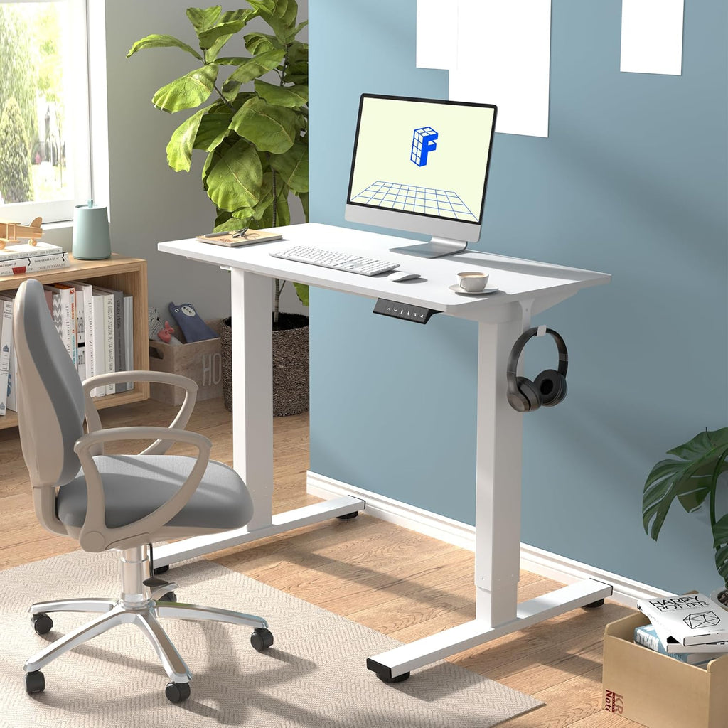 FLEXISPOT EN1 One-Piece Standing Desk 55 x 28 Inch Electric Adjustable Height Desk for Home Office and Computer Workstation (White Frame + 55" Maple Top, 2 Packages)