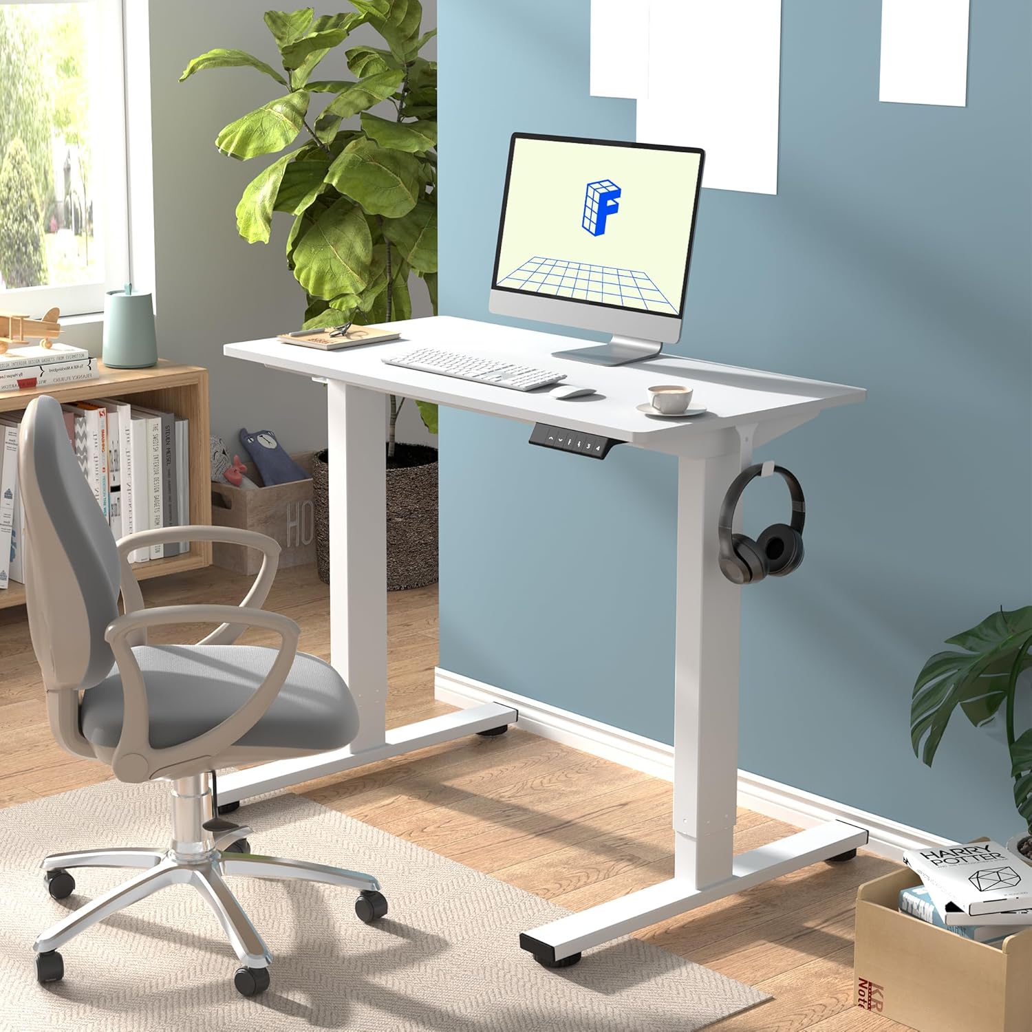 FLEXISPOT EN1 One-Piece Standing Desk 55 x 28 Inch Electric Adjustable Height Desk for Home Office and Computer Workstation (White Frame + 55" Maple Top, 2 Packages)