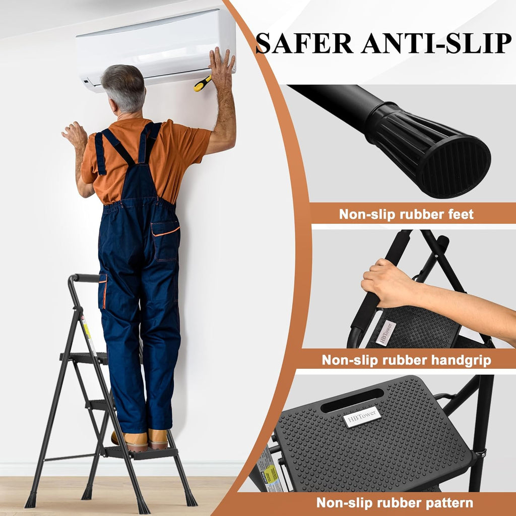 HBTower 3 Step Ladder, Folding Step Stool with Wide Anti-Slip Pedal, Sturdy Steel Ladder, Convenient Handrail, Lightweight, Portable Steel Step Stool