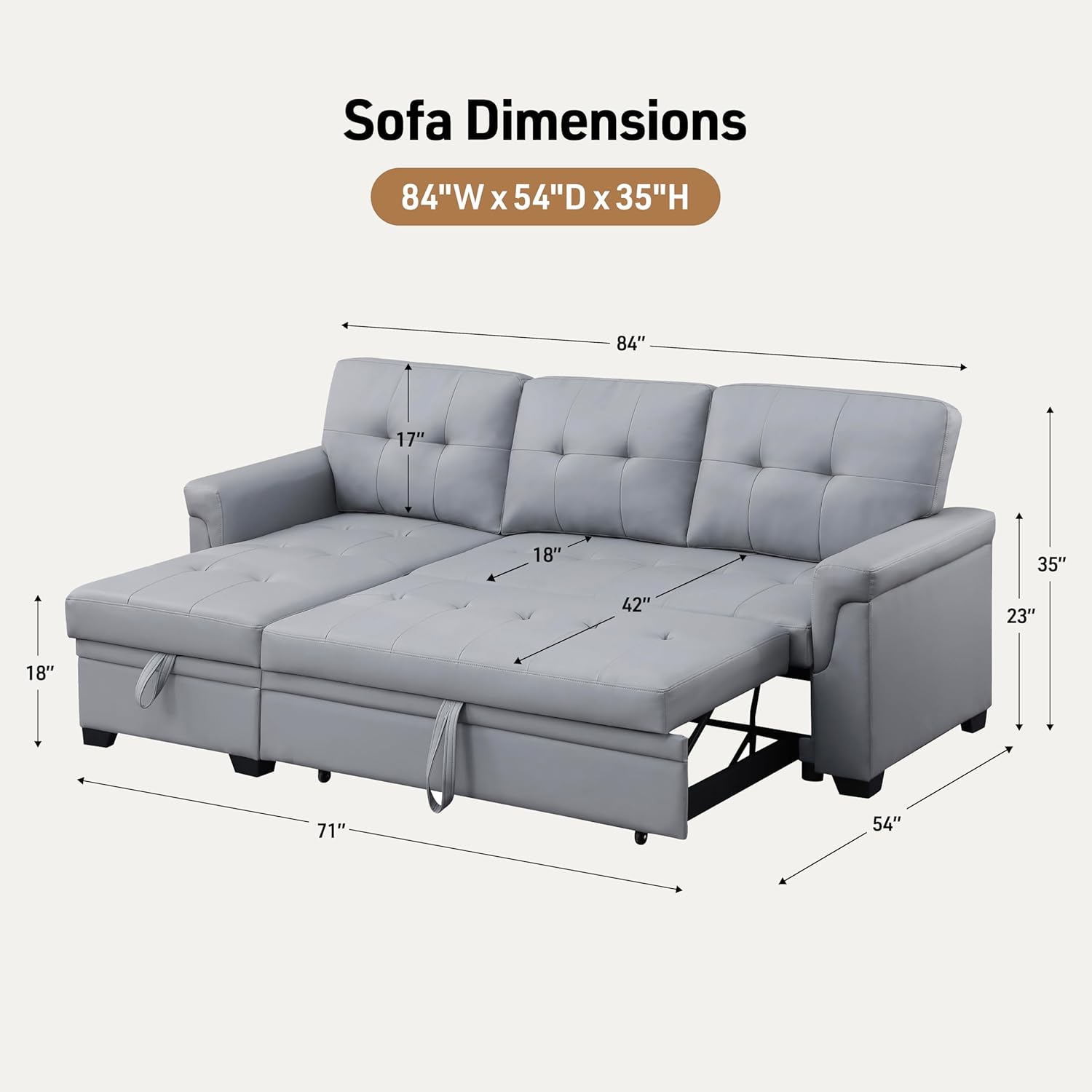 Lilola Home Lucca 84-inch Reversible Sleeper Sectional Sofa with Pull-Out Bed & Storage Chaise, Dark Gray Linen Fabric, Tufted Back, Modern Compact Couch for Living Room, Easy Assembly