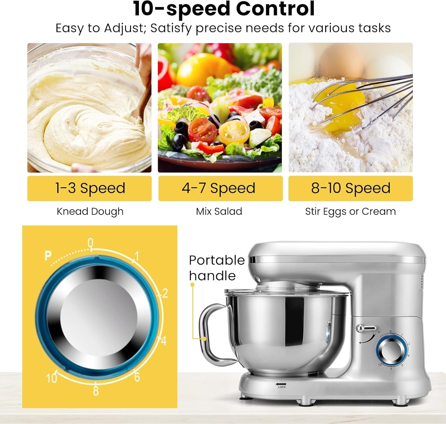 Stand Mixer, 660W 10 Speed 6 Quart Tilt-Head Kitchen Electric Food Mixer with Beater, Dough Hook, Wire Whip and Egg Separator