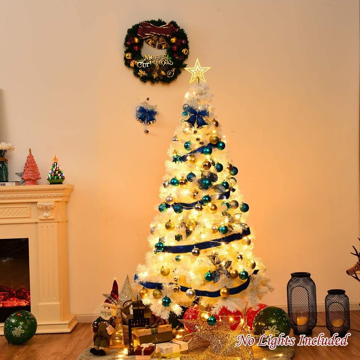 Goplus 7ft Artificial White Christmas Tree Xmas Pine Tree with Solid Metal Legs Perfect for Indoor and Outdoor Holiday Decoration