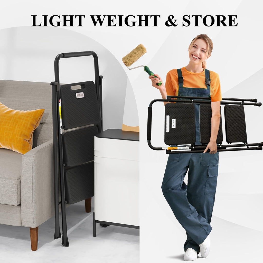 HBTower 3 Step Ladder, Folding Step Stool with Wide Anti-Slip Pedal, Sturdy Steel Ladder, Convenient Handrail, Lightweight, Portable Steel Step Stool