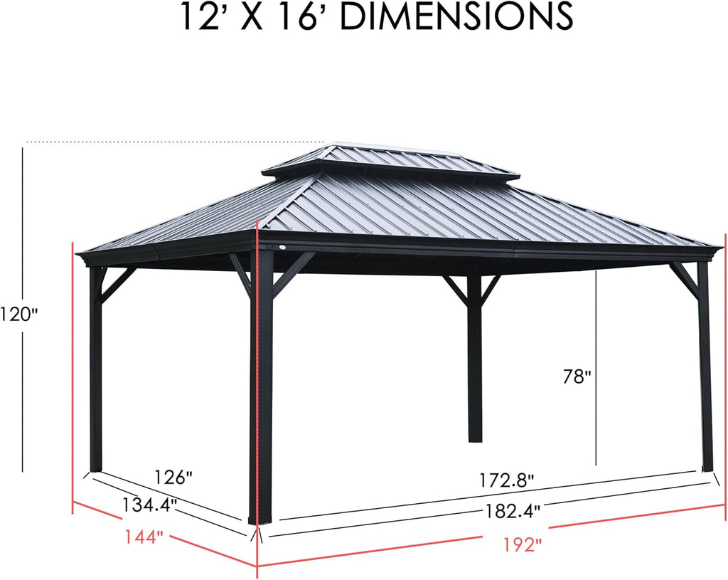 Kozyard Alexander 10' X 12' Hardtop, Aluminum Metal Gazebo with Galvanized Steel Double Roof Canopy, Curtain and Netting, Permanent Pavilion for Patio, Backyard, Deck, Lawn (Gray)
