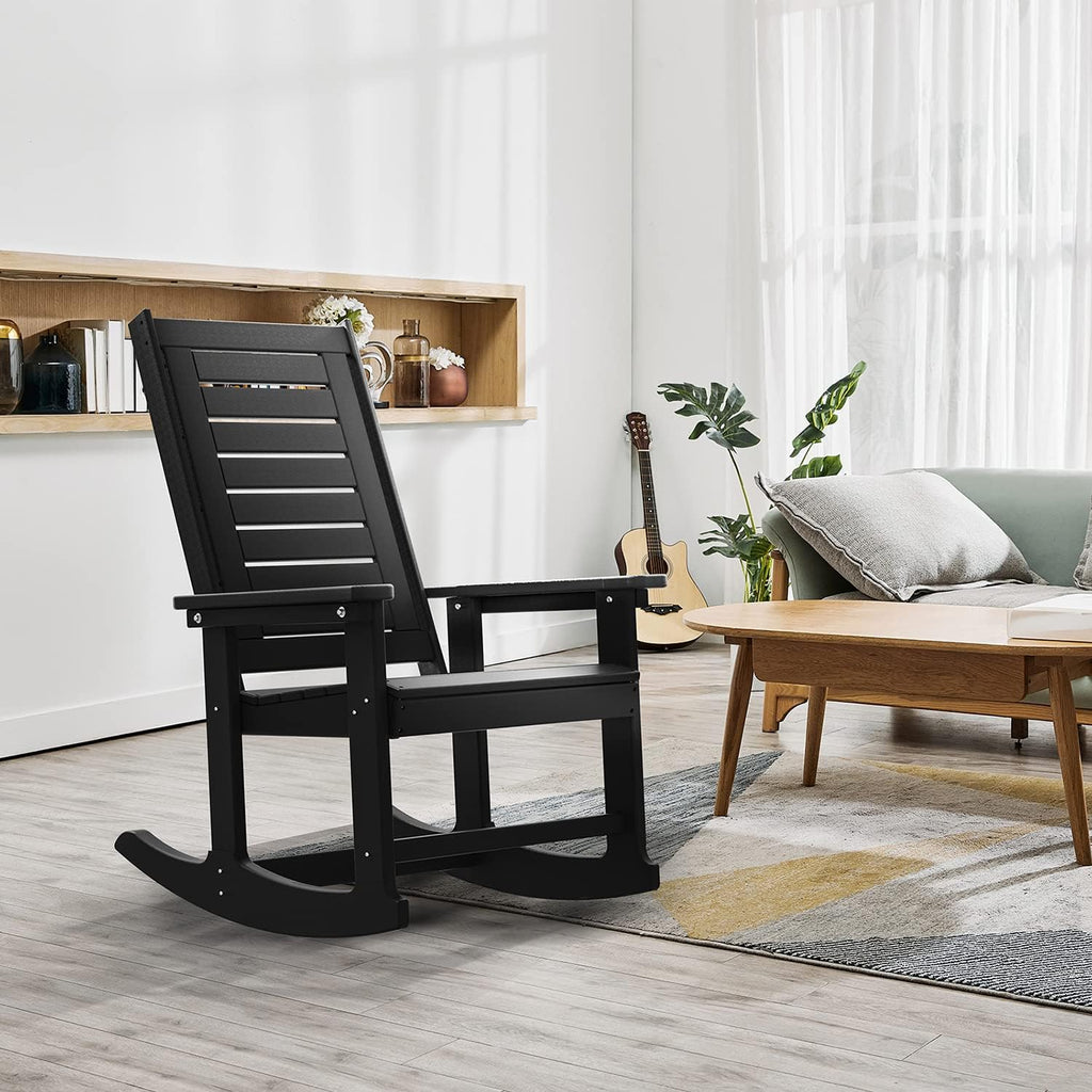 GREENVINES Outdoor Rocking Chairs | Set of 2 | Porch Rocker | HDPE Plastic | Black | Oversized Rockers | High Back | Big & Tall | Ladder Back | for Patio Outside Backyard Balcony Garden
