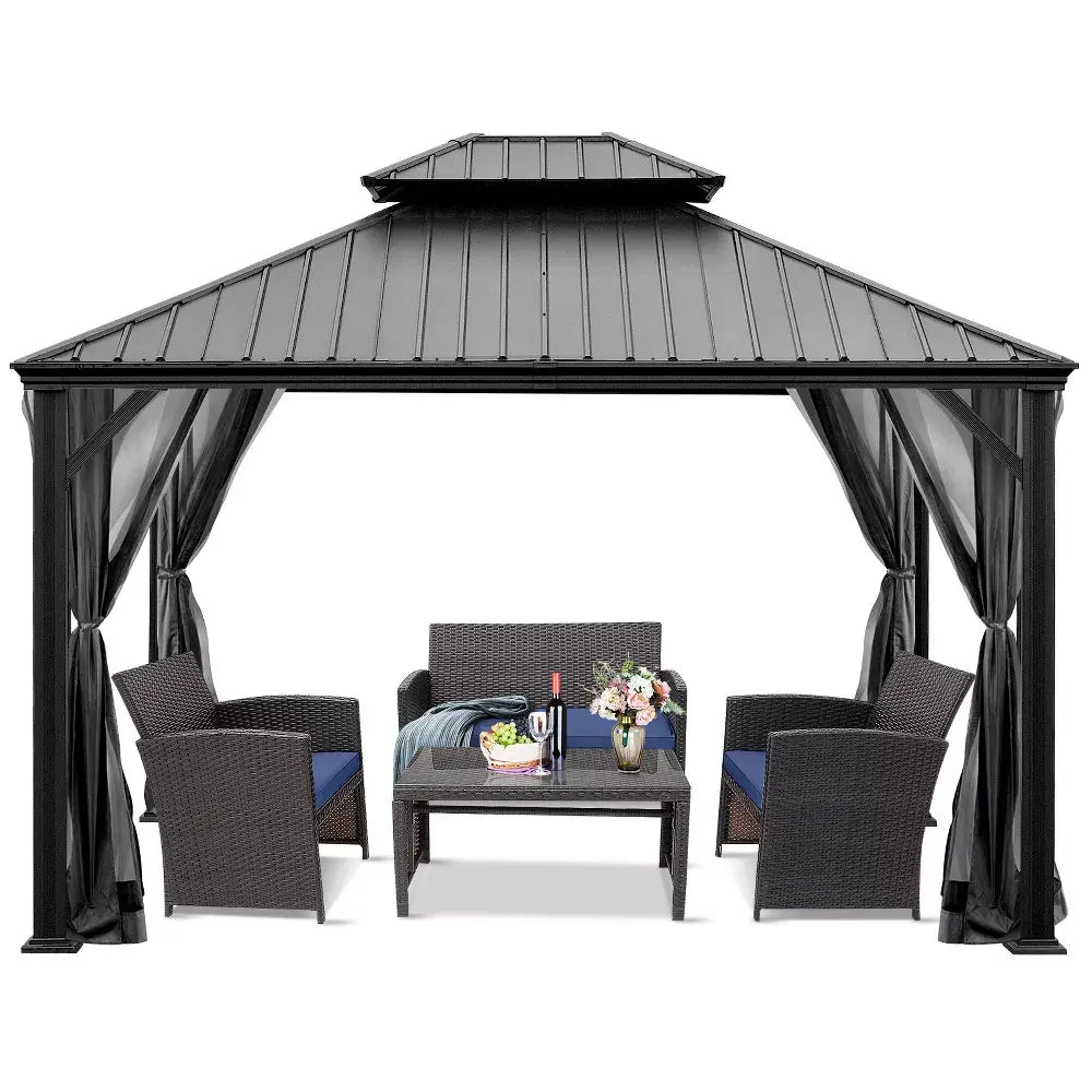 💝Clearance sale✨12’ft x 10’ft Hardtop Gazebo, With Privacy Curtain And Mosquito Net