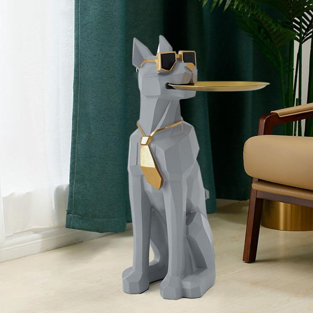 homary Modern Resin Dog Sculpture Geometric Standing Statue Cute End Side Table with Metal Storage Tray Tissue Box (White)