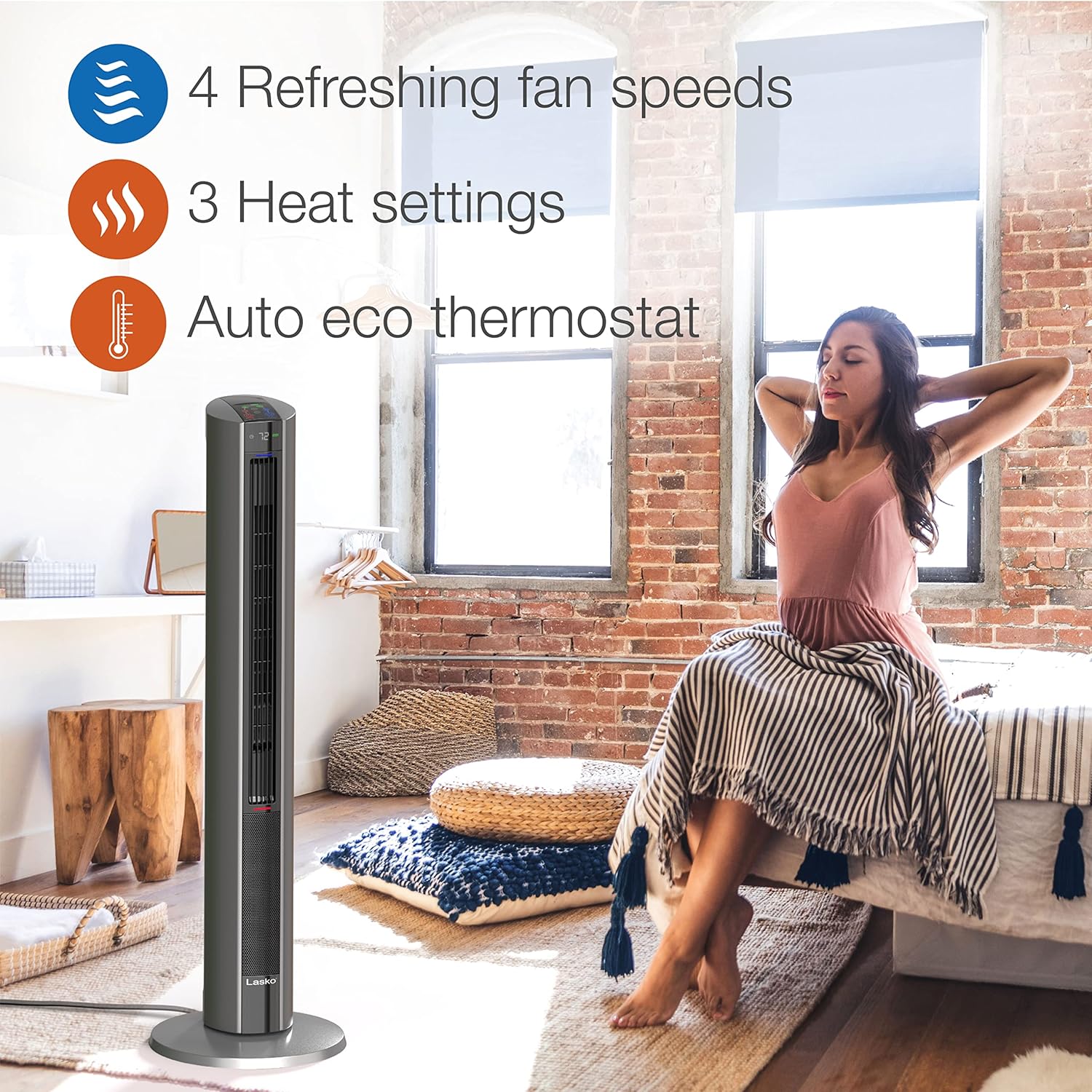 Lasko Oscillating All Season Tower Fan and Space Heater in One for Home with Adjustable Thermostat, Tip-Over Switch, 4 Fan Speeds, 3 Heat Settings and Remote Control, 42 Inches, 1500W, Gray, FH515